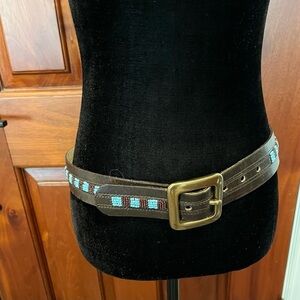 Hyde Collection Brown Beaded Western Leather Belt Small Brass Buckle Cowgirl
